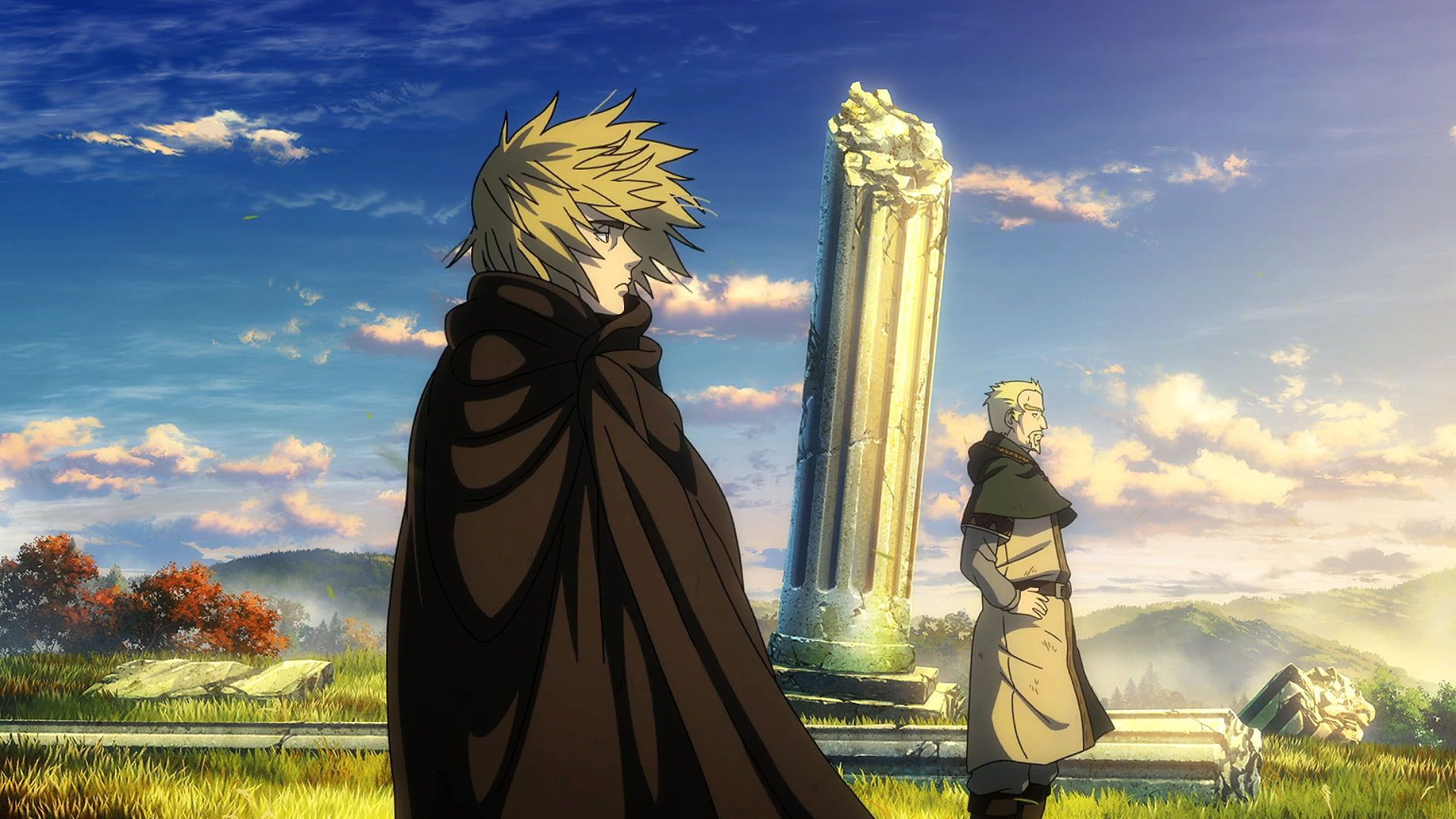 Two cloaked figures in a peaceful countryside setting with ancient stone monuments