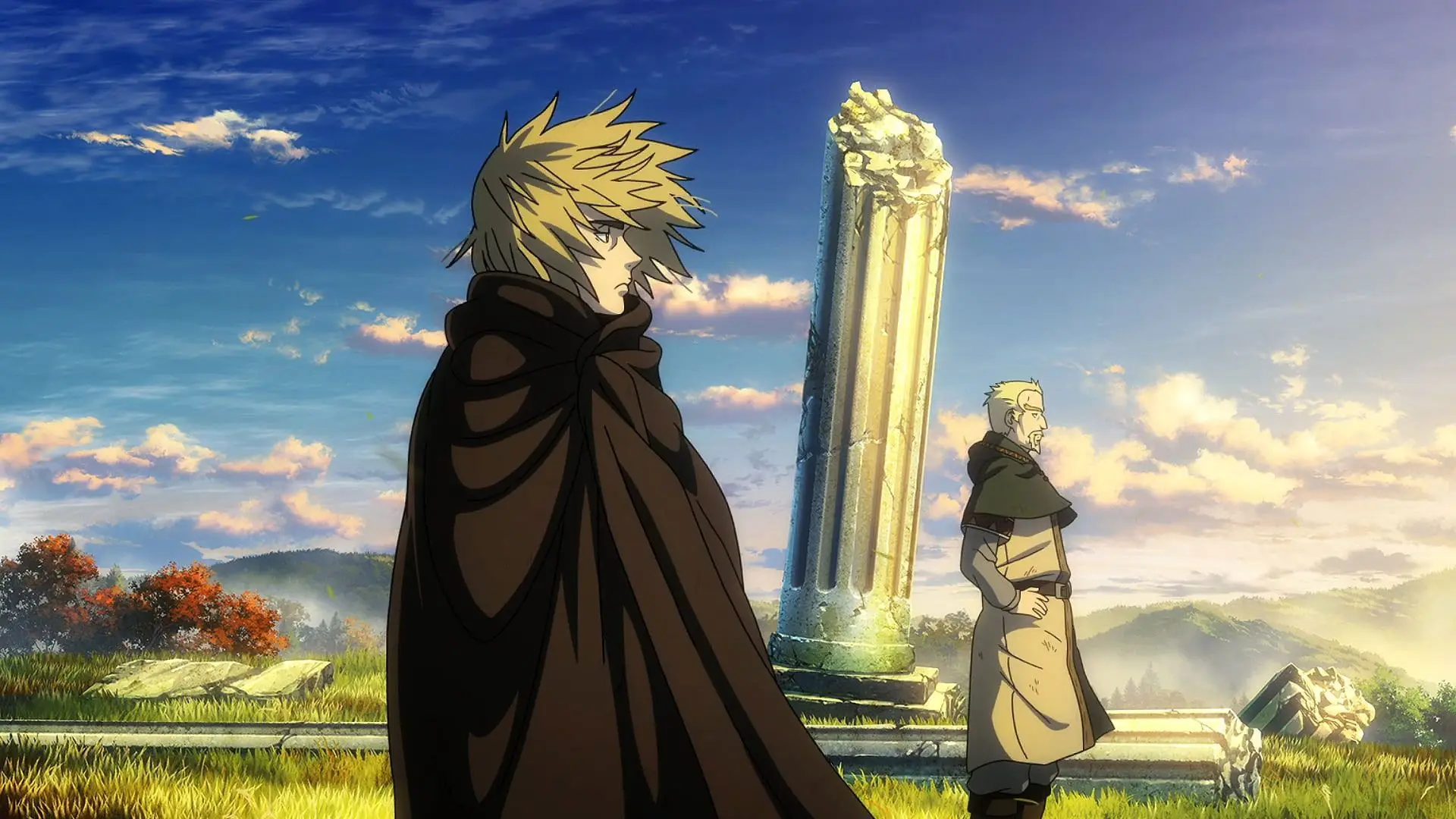 Two cloaked figures in a peaceful countryside setting with ancient stone monuments