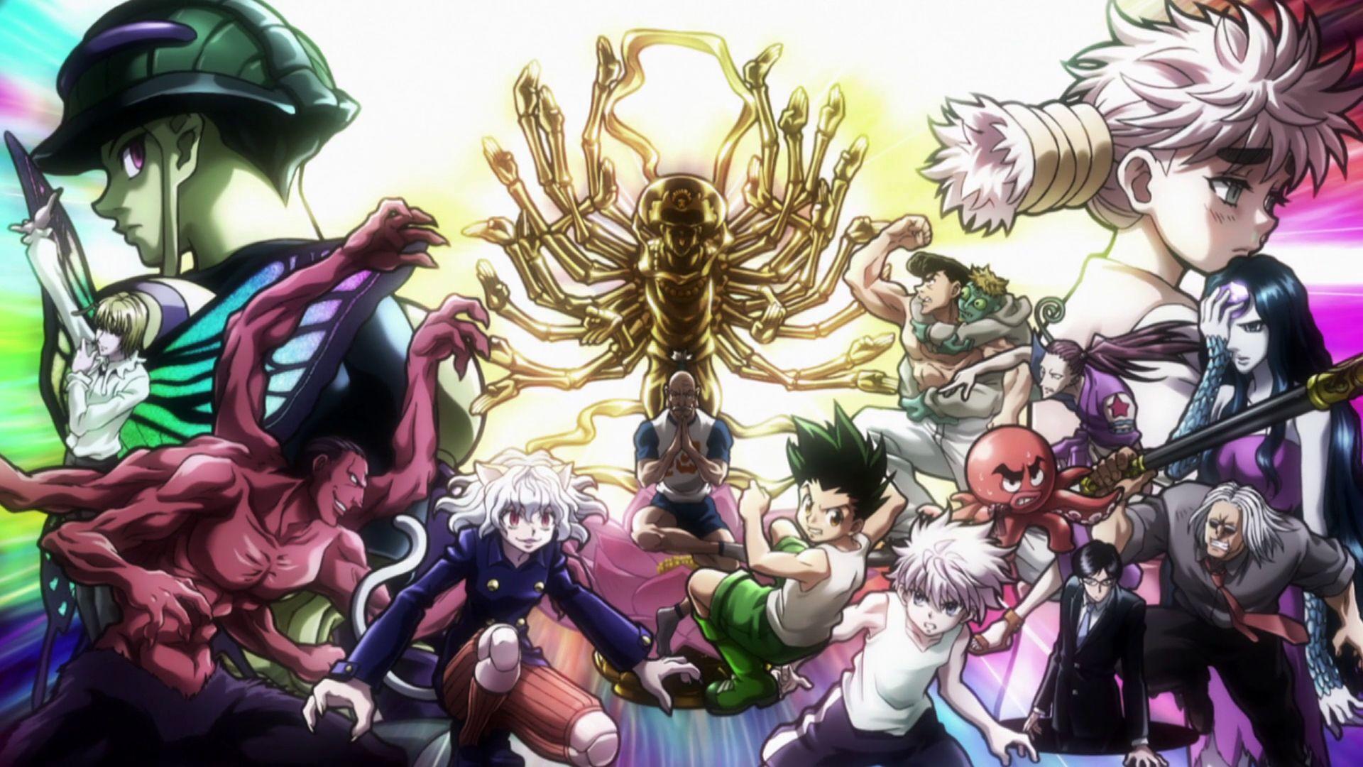 Colorful ensemble artwork featuring multiple Hunter x Hunter characters with a golden spider emblem centerpiece