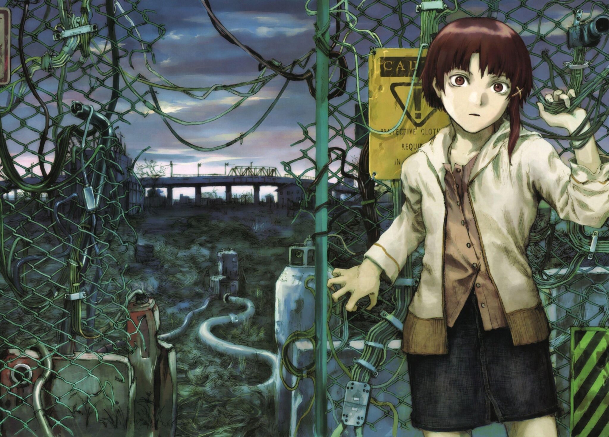 Young girl in school uniform standing behind a chain-link fence in an industrial setting