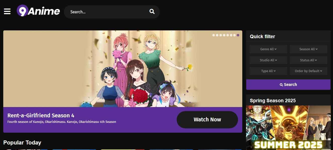 9Anime website interface showing trending anime and latest episodes.