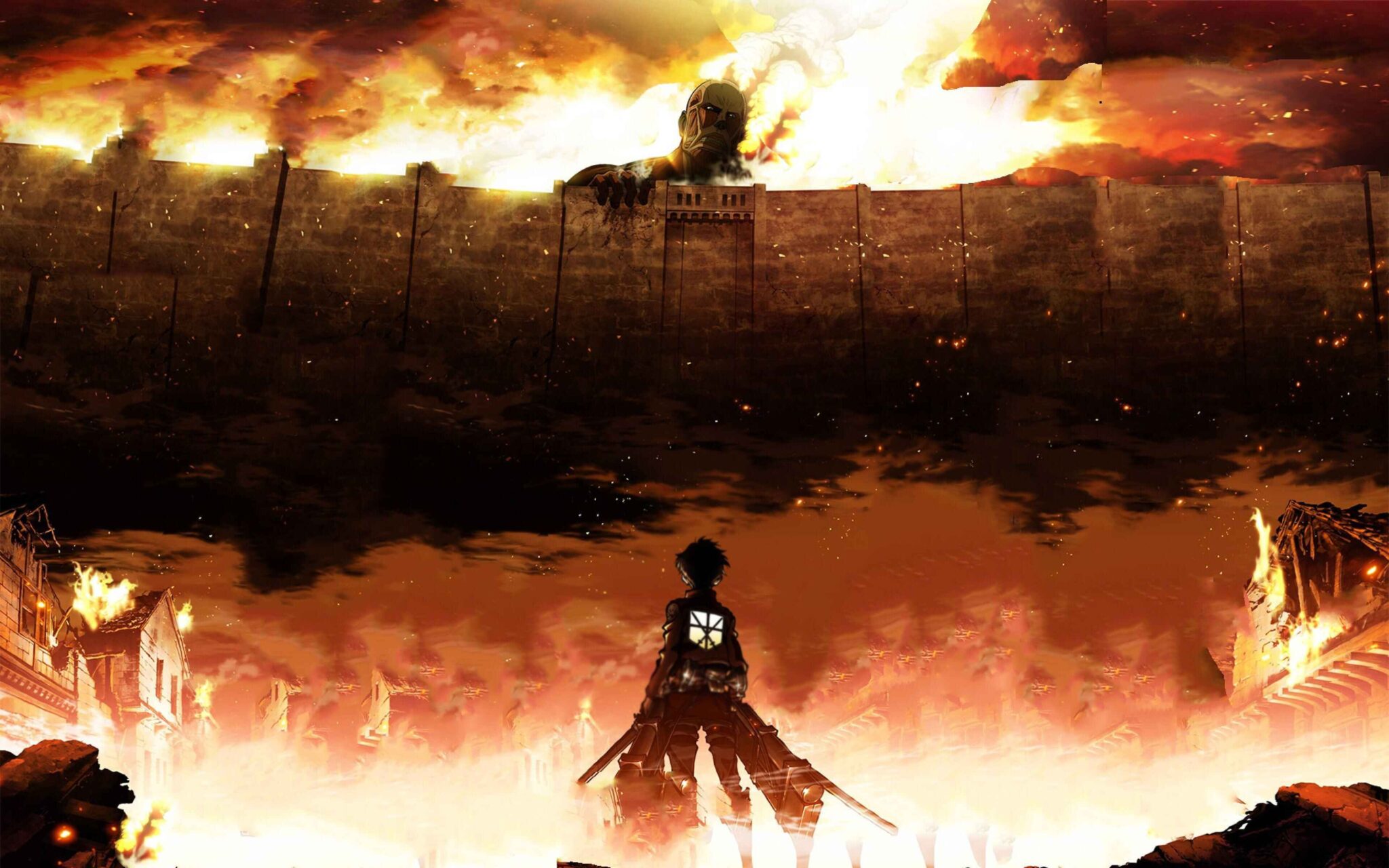 "Dramatic anime scene showing a small human figure with ODM gear facing a massive titan looming over a wall, with an apocalyptic orange sky and destroyed buildings in the background"