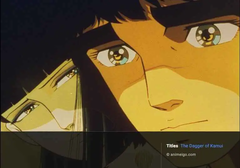 Close-up of a young person with intense green eyes and dark hair, with another character visible in the background