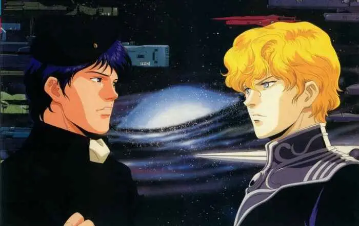 Two men in military uniforms facing each other against a starry space background with a spiral galaxy