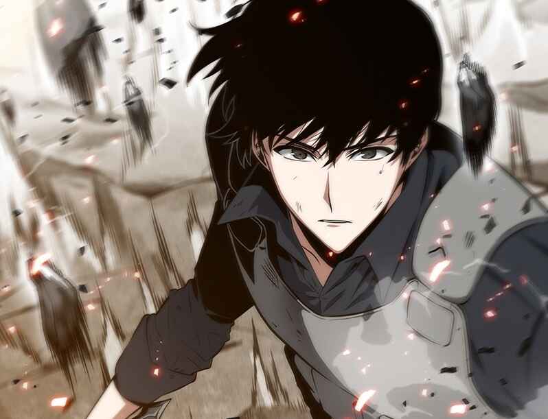 Black-haired male character in hoodie amid destruction and debris