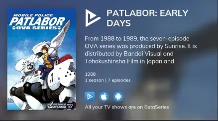 Promotional image showing mecha robots and text about Patlabor Early Days OVA series from 1988-1989