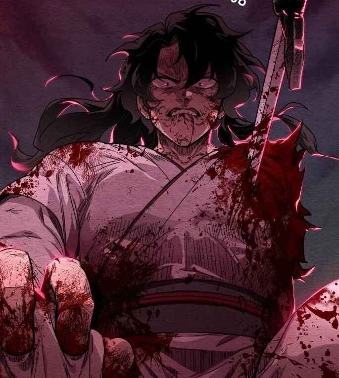 Battle-worn character with long dark hair covered in blood holding a sword
