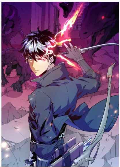 Manhwa swordsman with dark hair wielding a glowing sword in dynamic action pose with purple and pink magical effects
