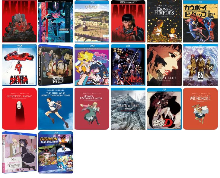 Collection of Blu-ray and DVD covers featuring iconic anime titles like Akira, Spirited Away, and Attack on Titan.