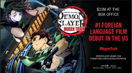 Promotional poster for Demon Slayer: Mugen Train highlighting its record-breaking box office earnings.