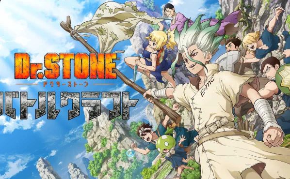 "Colorful anime promotional image for Dr. Stone showing multiple characters including a white-haired protagonist in a lab coat, with the show's logo prominently displayed"