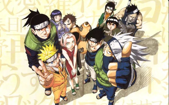 "Naruto anime characters grouped together including young Naruto, Sasuke, Sakura and other ninja from Hidden Leaf Village"