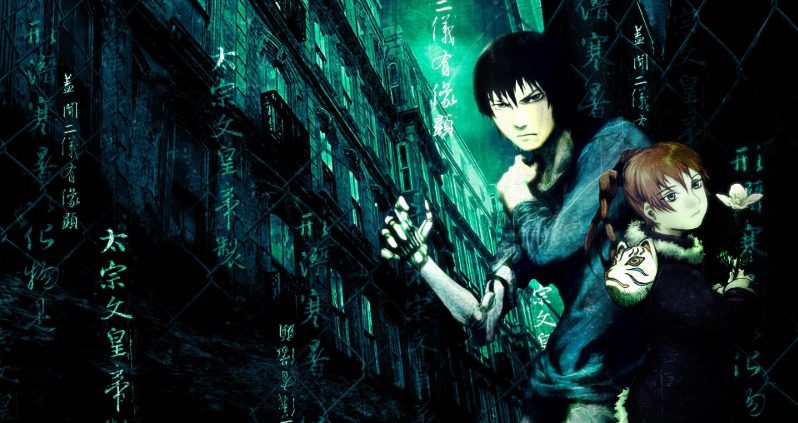 Dark cyberpunk scene with a figure amid industrial architecture and green lighting