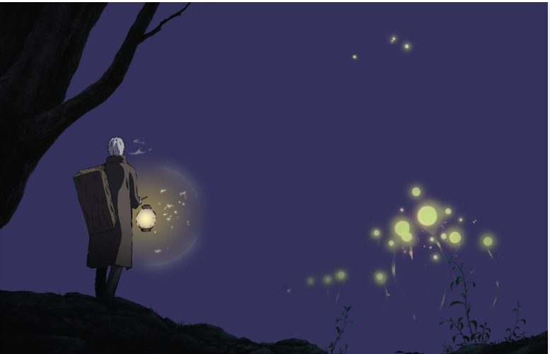 Silhouette of a person with a lantern standing under a tree at night with floating lights