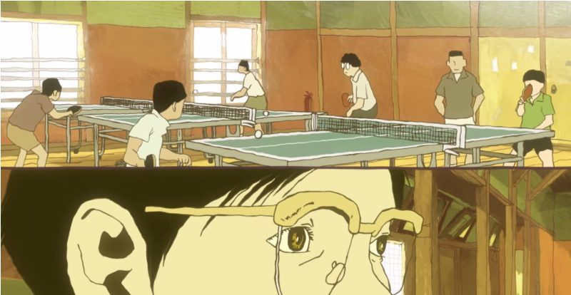 Interior scene of ping pong players in a gymnasium with warm lighting
