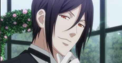 Sebastian Michaelis from Black Butler with long dark hair smiling near window with roses