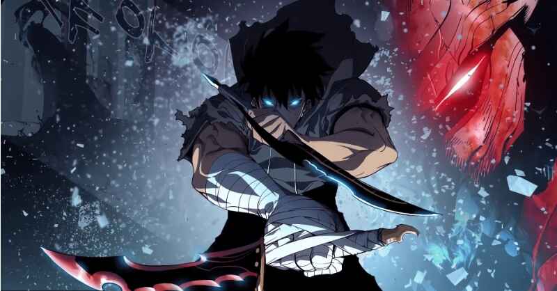 Dark-haired protagonist with glowing blue eyes wielding daggers in action scene