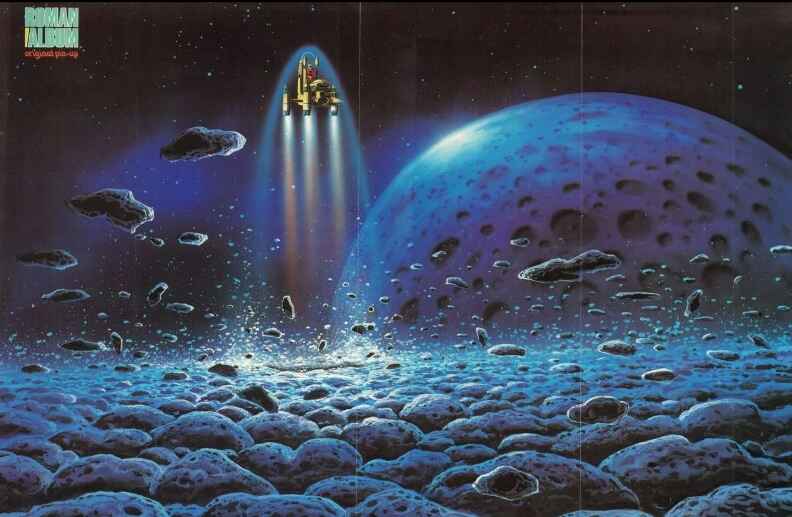 A large spaceship with bright lights flying above a blue planet's surface with asteroids scattered around