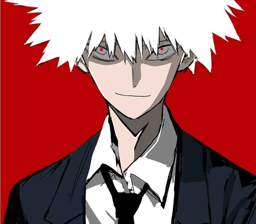 White-haired character with red eyes against red background