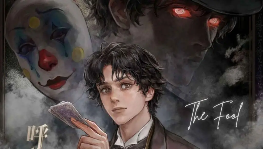 "Lord of the Mysteries blog thumbnail featuring Klein Moretti as The Fool with supernatural entities - complete 2025 guide"