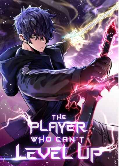 Dark-haired manhwa character in black clothing wielding a sword with purple lightning effects in a dramatic battle scene