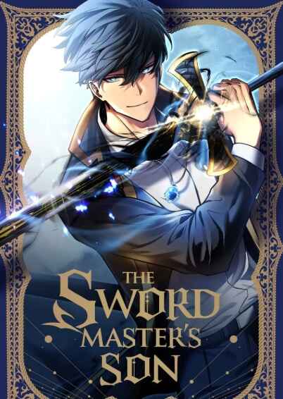 Elegant manhwa swordsman with dark hair in ornate clothing holding a glowing sword in a decorative golden frame