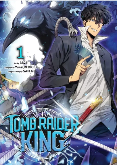 Manhwa character with black hair in casual clothes standing confidently with a skeletal creature behind him against a blue mystical background