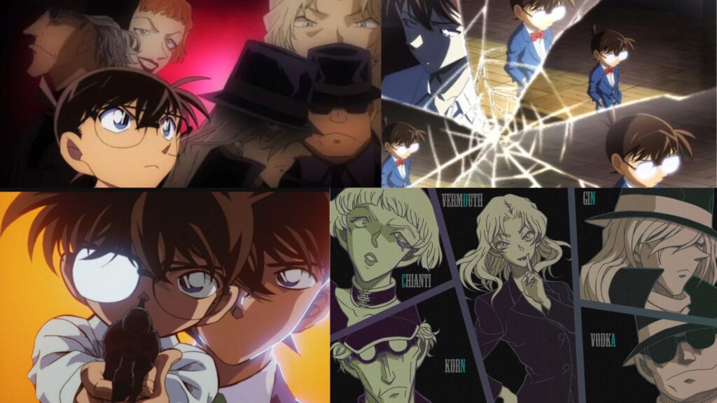 "Detective Conan anime compilation showing various dramatic scenes with main character and supporting cast"