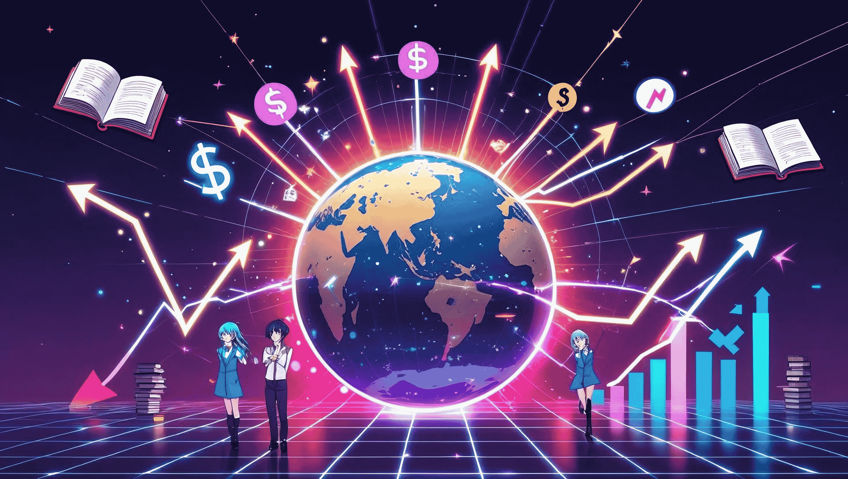 Anime-style visual of the Earth surrounded by economic icons and growth charts, symbolizing global anime revenue.