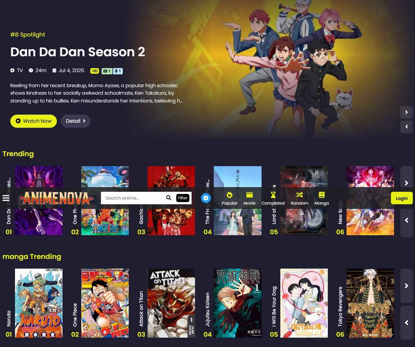 AnimeNova anime listing page with categorized titles and updates.