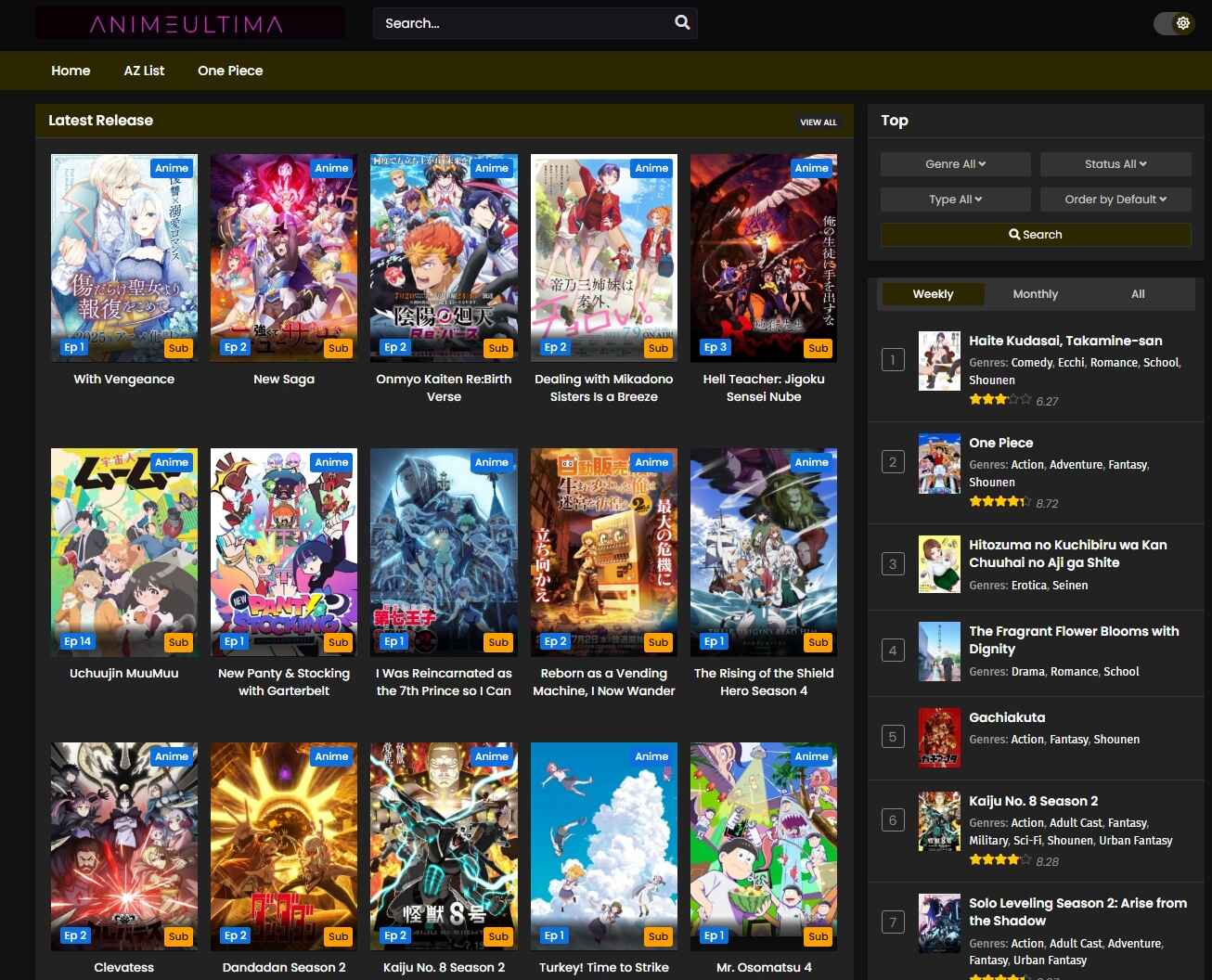 AnimeUltima interface displaying trending and ongoing anime series.