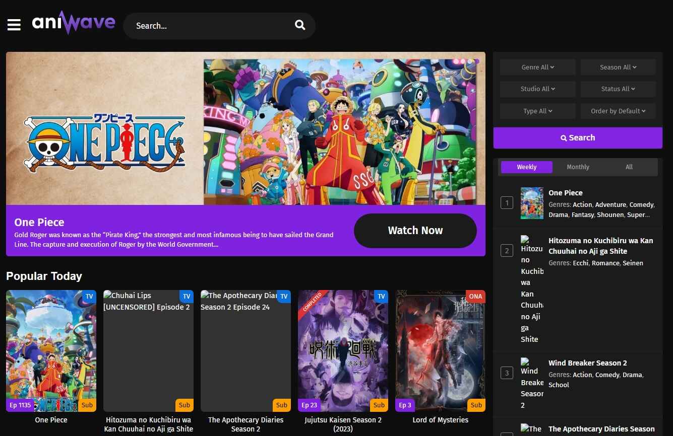 Aniwave homepage showcasing anime series and popular updates.
