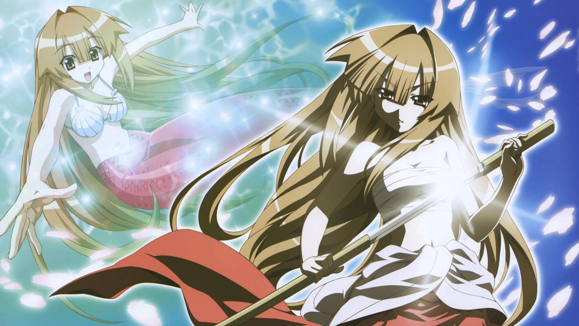 Anime artwork showing two characters - a blonde mermaid with a pink tail in flowing water on the left, and a blonde girl in white clothing holding a sword on the right, set against a blue sky with floating petals.