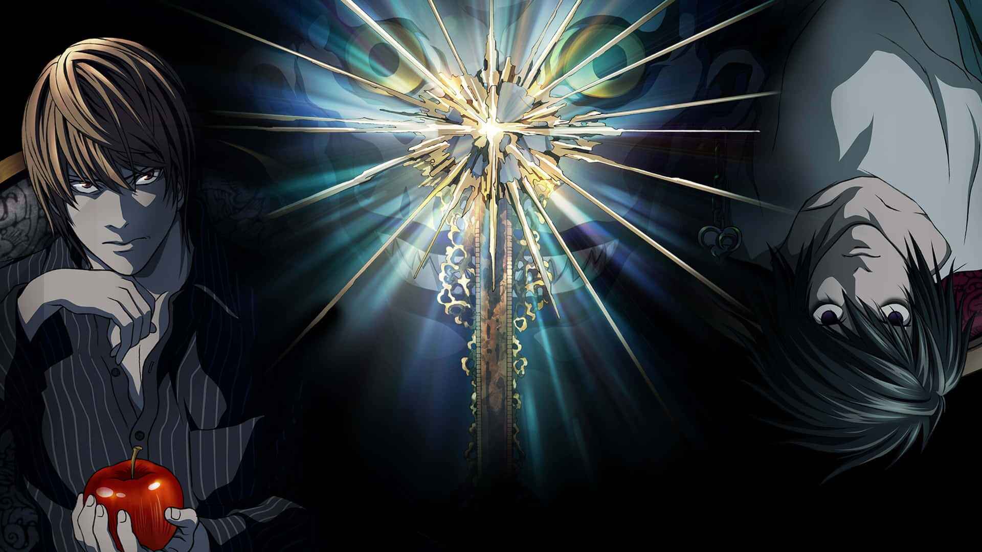 "Death Note anime artwork showing Light Yagami holding red apple with dramatic cross of light and shadowy figure"
