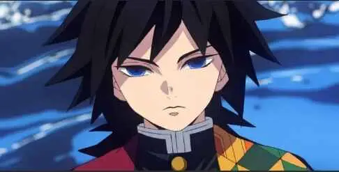 Tomioka Giyuu from Demon Slayer with dark hair and patterned haori against blue background