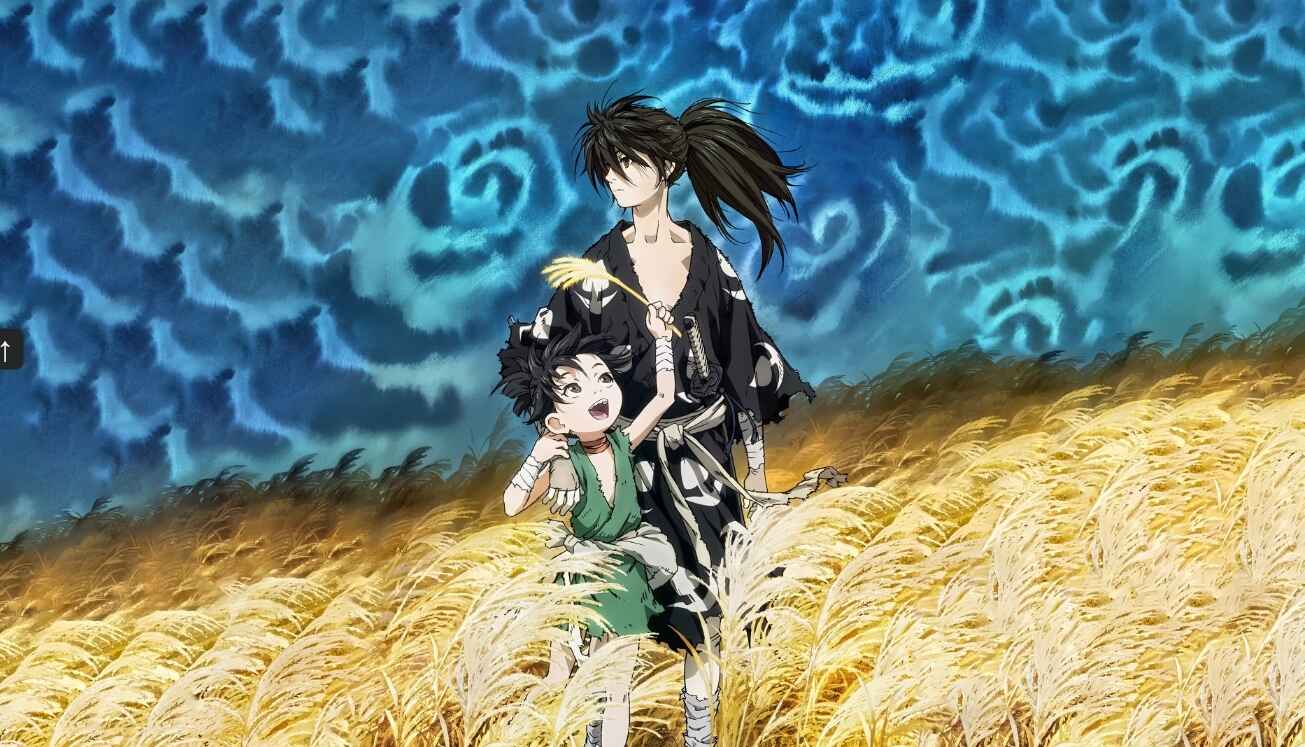 "Dororo anime artwork showing a young samurai and child running through golden grass fields under stormy skies"