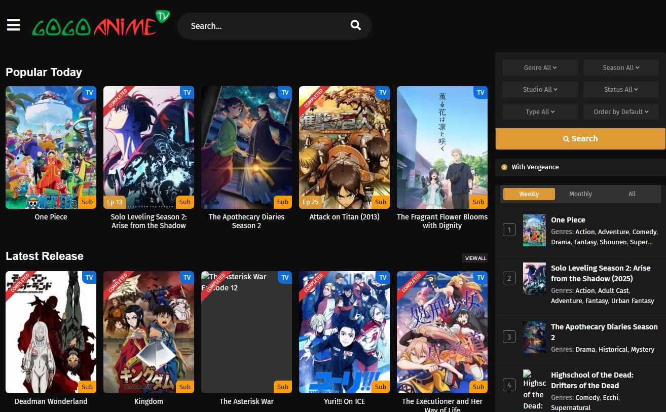 GoGoAnime streaming interface showing popular anime shows.