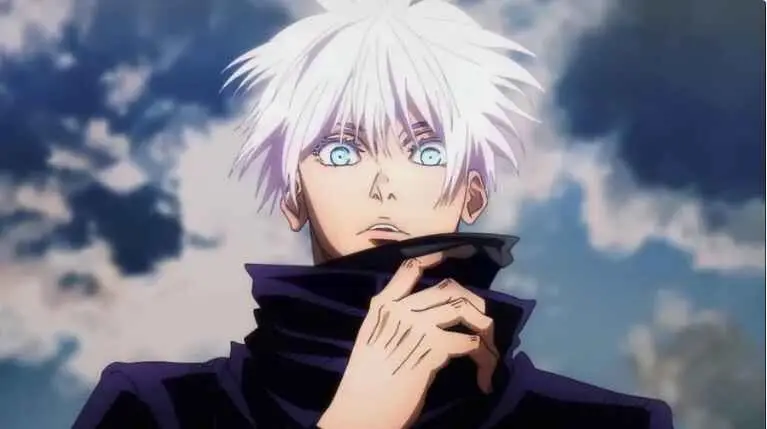 White-haired anime character with blue eyes covering lower face with dark collar against cloudy sky background