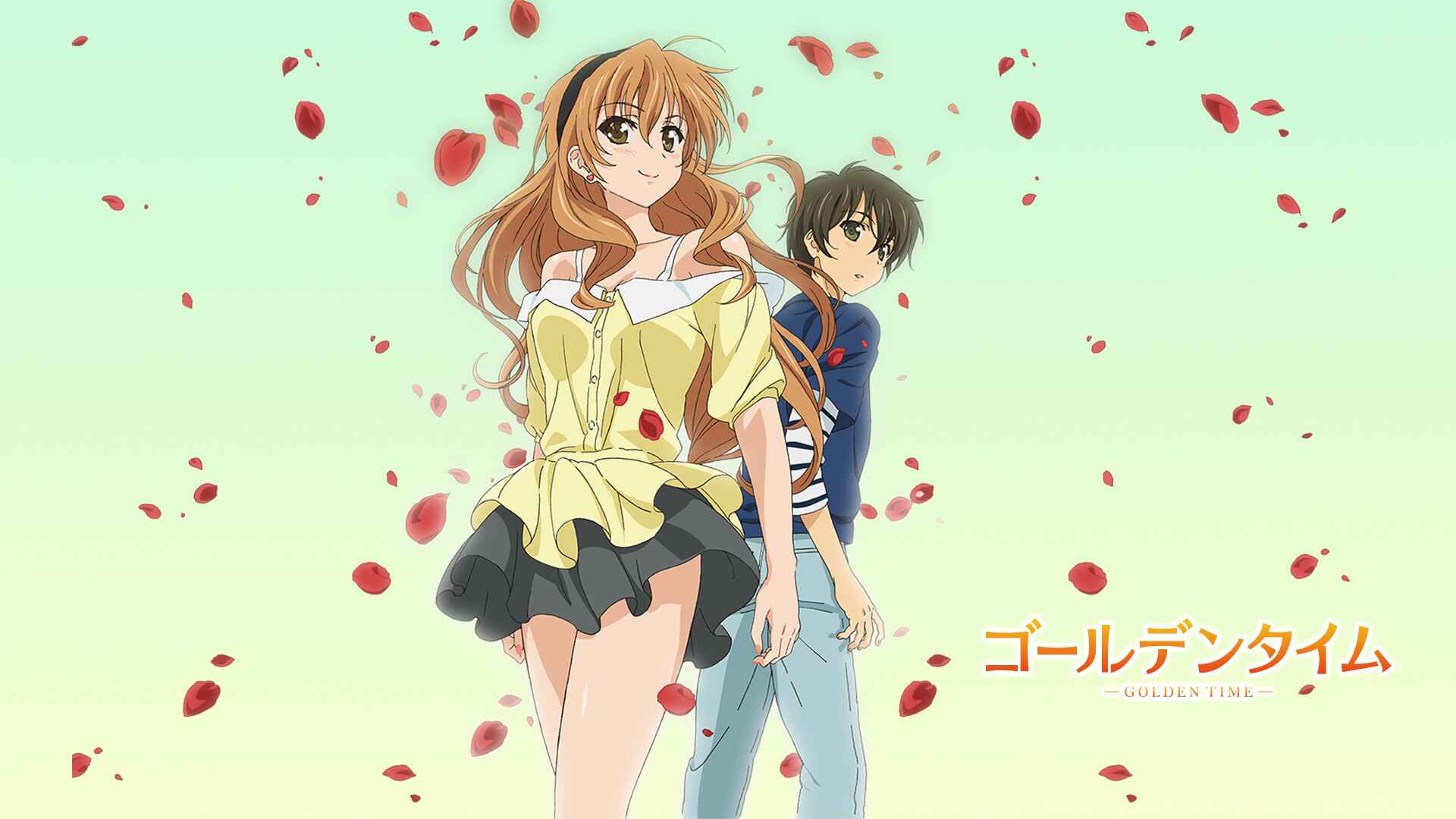 "Golden Time anime romantic scene with two main characters surrounded by falling rose petals on mint green background"