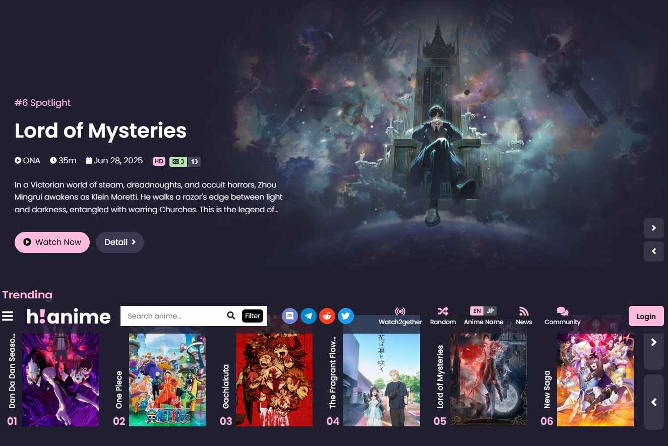 HiAnime modern homepage with trending anime banners and new episodes.