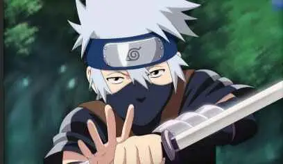 Kakashi Hatake from Naruto with silver hair, headband, and face mask performing hand signs