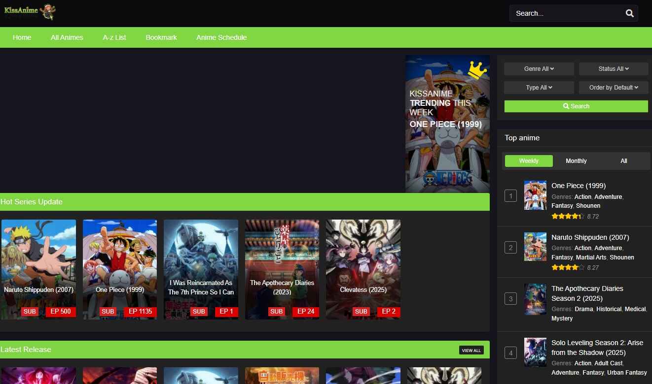 KissAnime homepage showing latest anime releases and top-rated series.