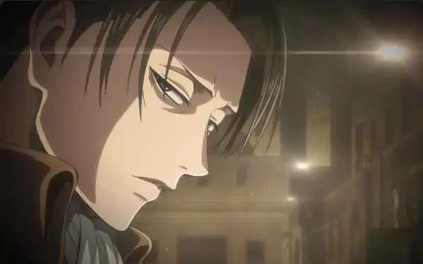 Levi Ackerman from Attack on Titan in profile view with dark hair in indoor setting