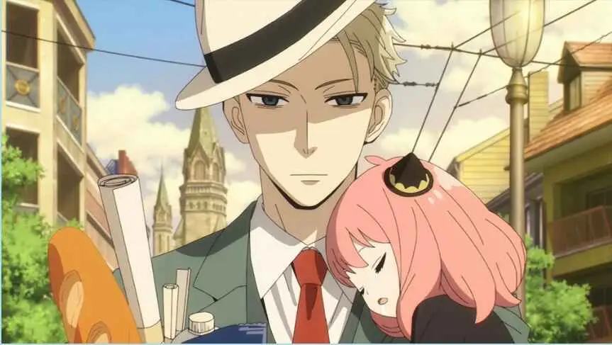 Loid Forger from Spy x Family in formal attire with Anya in European street setting