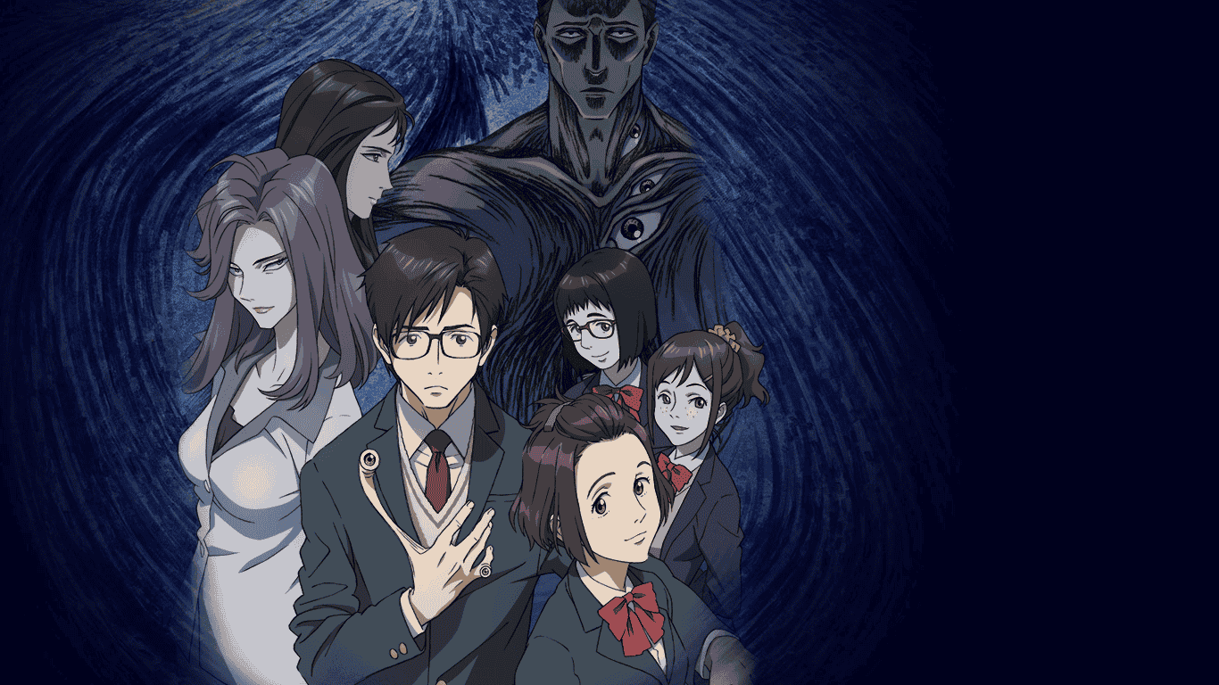 "Parasyte anime dark promotional image showing main characters with mysterious alien entity looming behind them"