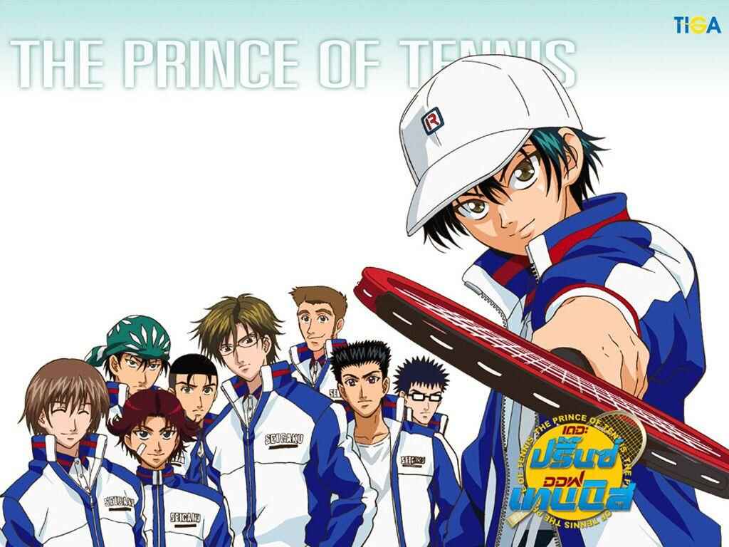 "The Prince of Tennis anime sports team artwork showing tennis players in blue and white uniforms with tennis rackets"