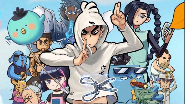 Anime-style illustration showing multiple characters from Scissor Seven, with the white-haired protagonist in the center making a peace sign gesture, surrounded by various colorful supporting characters against a light blue background.