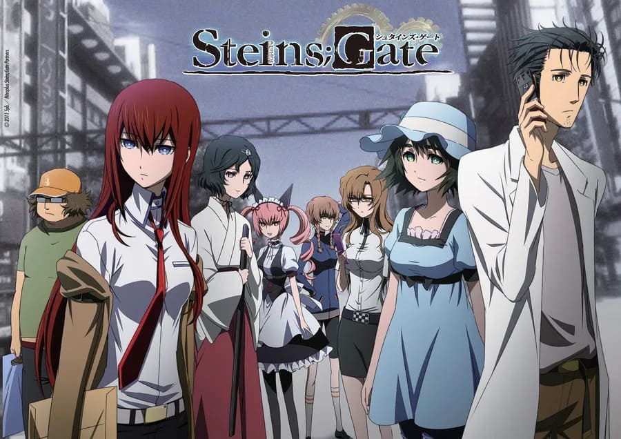Group promotional image of Steins;Gate anime characters standing together in an urban setting