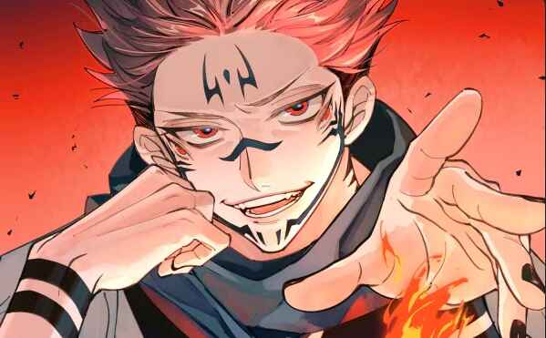 Ryomen Sukuna from Jujutsu Kaisen with pink hair and facial markings making threatening gestures