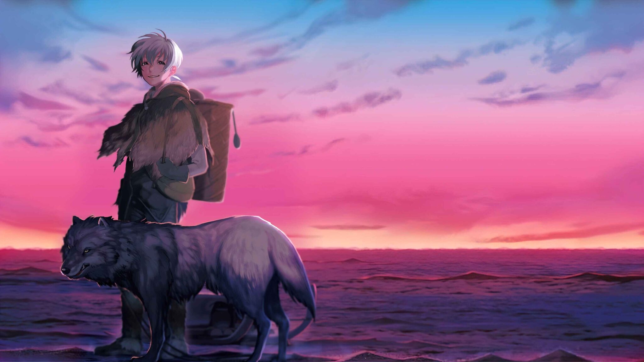 "To Your Eternity anime artwork showing white-haired protagonist with wolf companion against pink sunset sky"